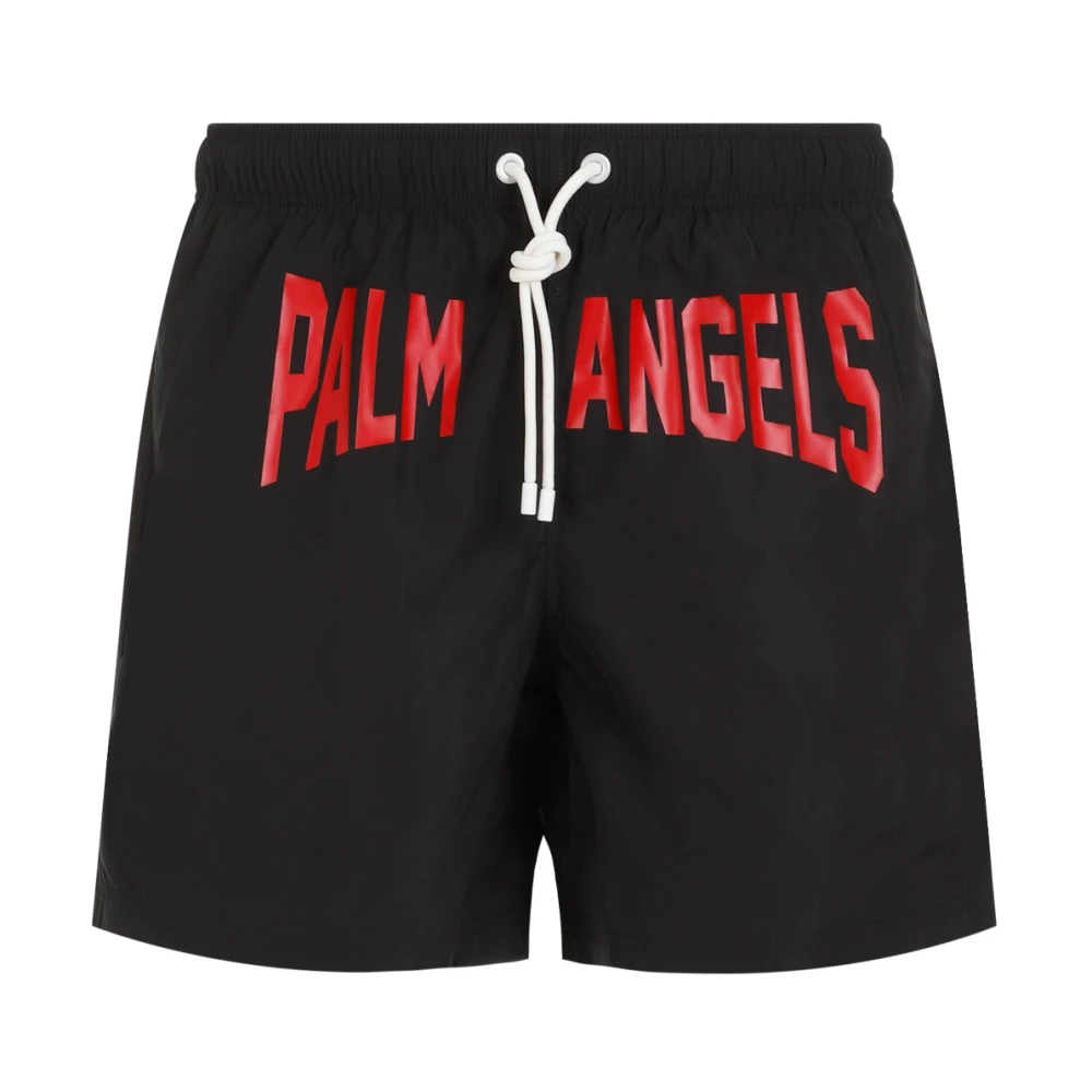 Palm Angels Zwarte Zwembroek Elastische Taille Rood Logo Black Heren