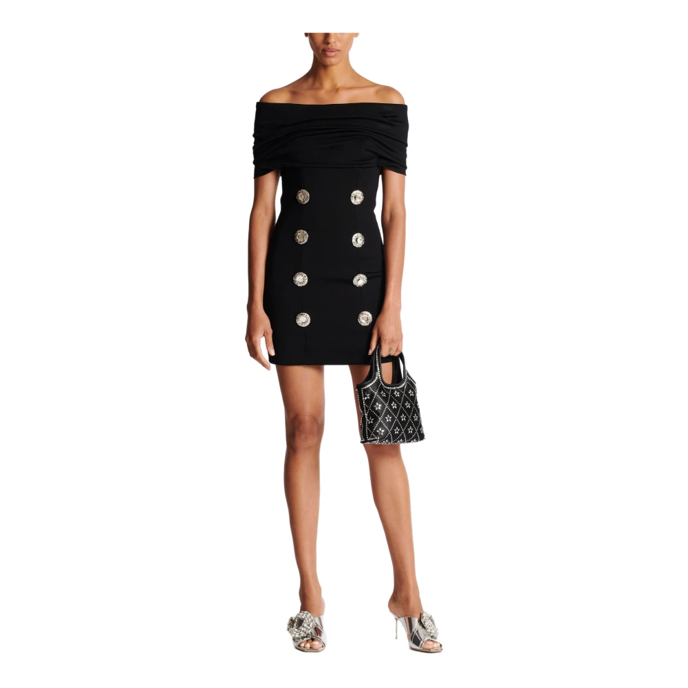 Balmain Off-Shoulder Jersey Jurk met Decoratieve Knoop Black Dames