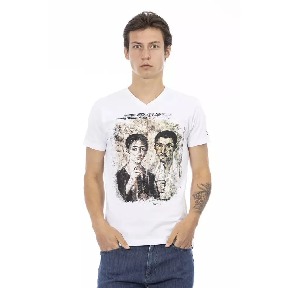 Trussardi Men's White Elegant V-Neck Tee With Chic Print