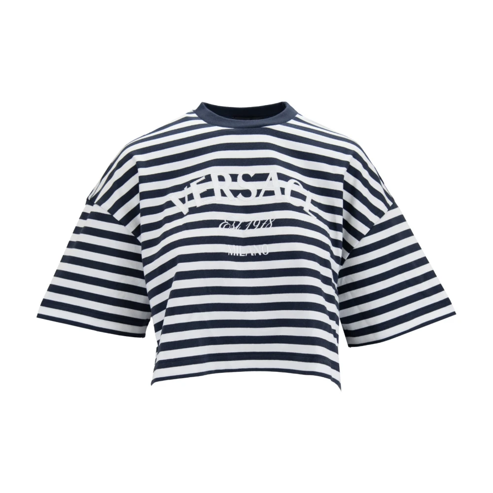 Versace Women's Blue Striped Crop Top With Embroidered Logo