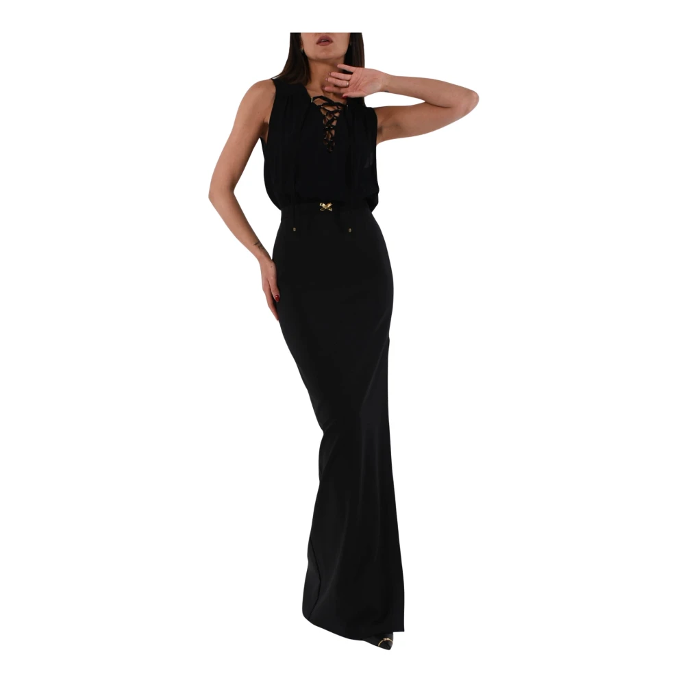 Elisabetta Franchi Lange Crêpe Jurk met Georgette Veters Black Dames