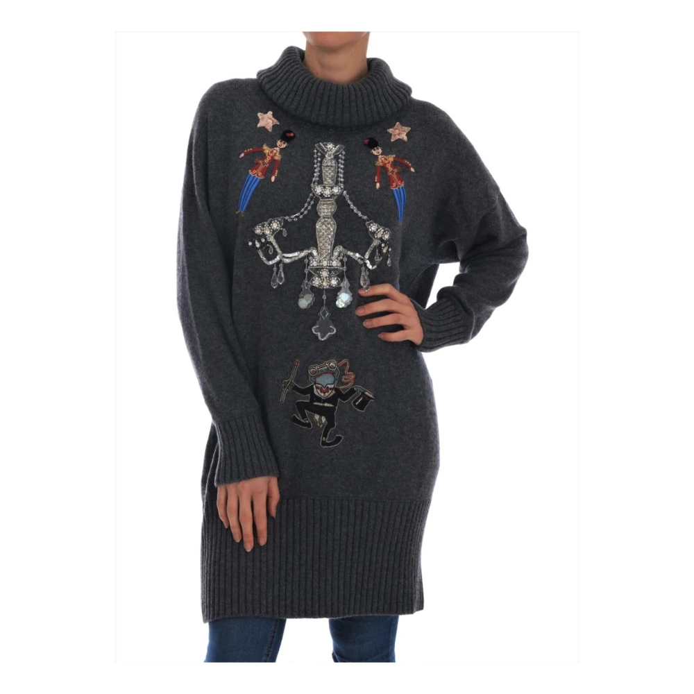 Dolce & Gabbana Women's Gray Long Knitwear, L, Crystal Cashmere Jumper