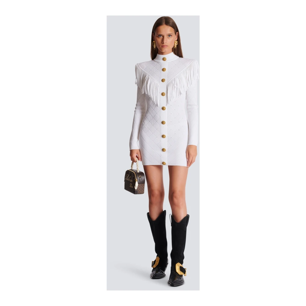 Balmain Kort gefranjerd fijngebreid jurkje White Dames