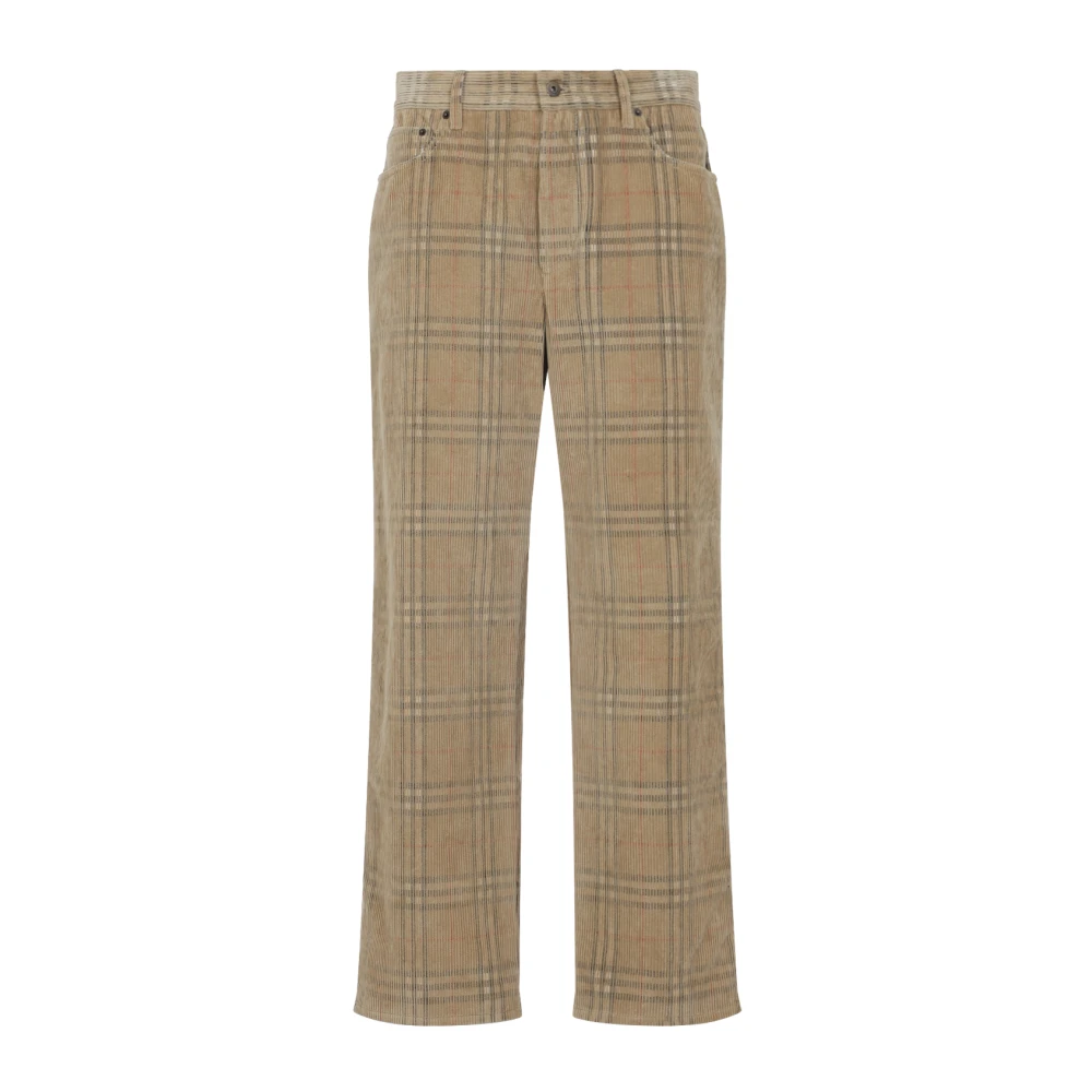 Burberry Men's Beige Wide Trousers, L, Check Corduroy Trousers