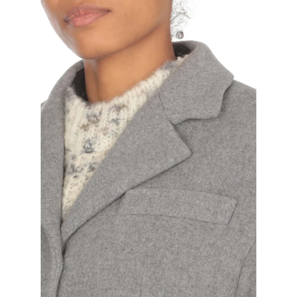 Msgm Grijze Wollen Jas Peak Revers Gray Dames