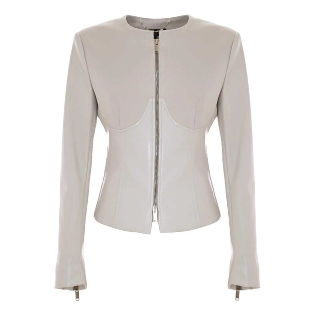 Kocca Vinyl-effect Fitted Jacket med Metallzippers Beige, Dam