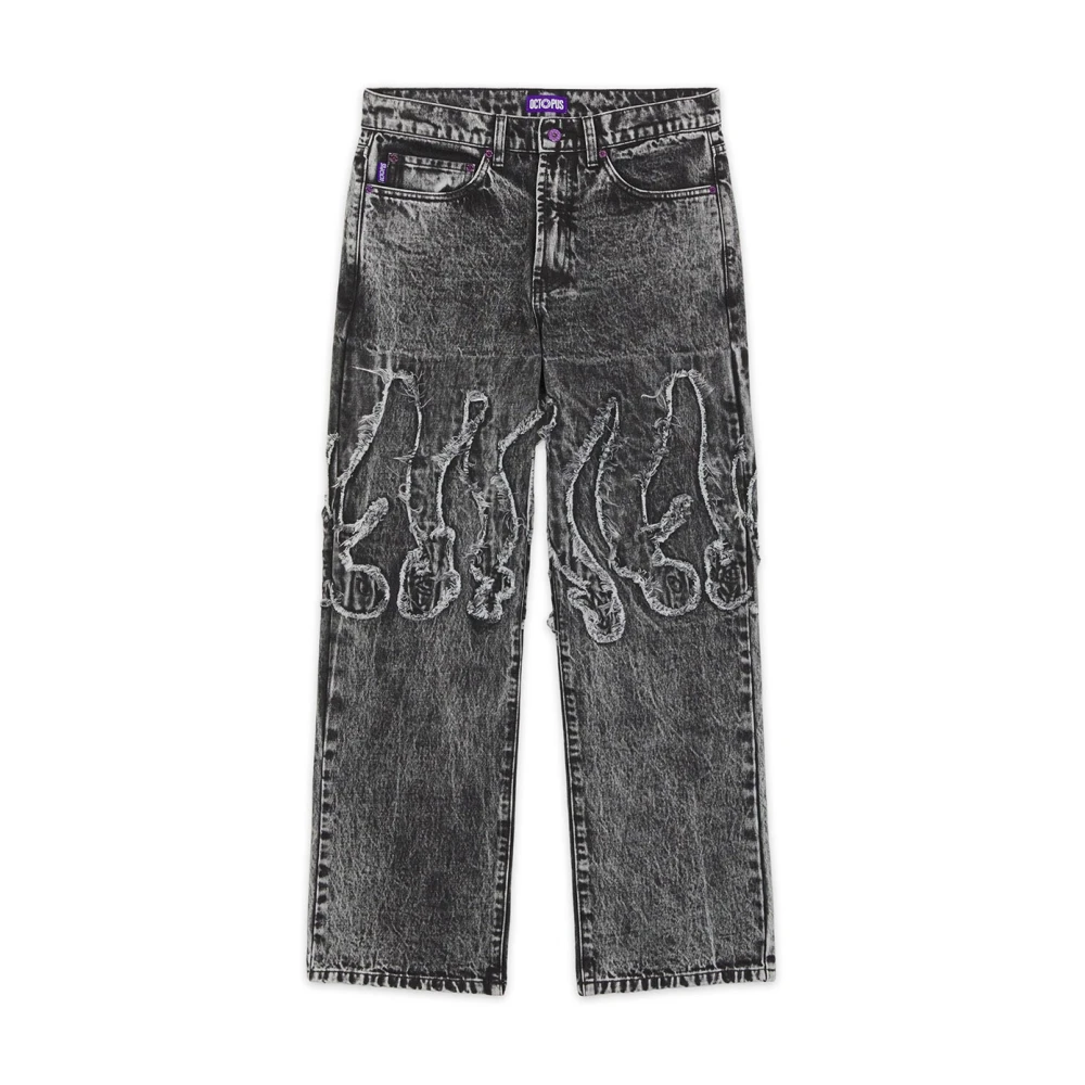 Octopus Fringed Loose Denim Jeans Gray Heren