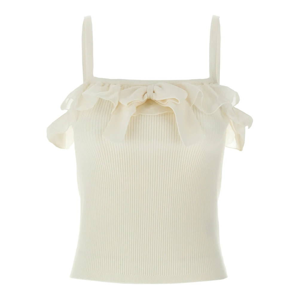 Alessandra Rich Women's White Ribbed Camisole With Frills And Bow - Sleeveless Tops - S - Tops