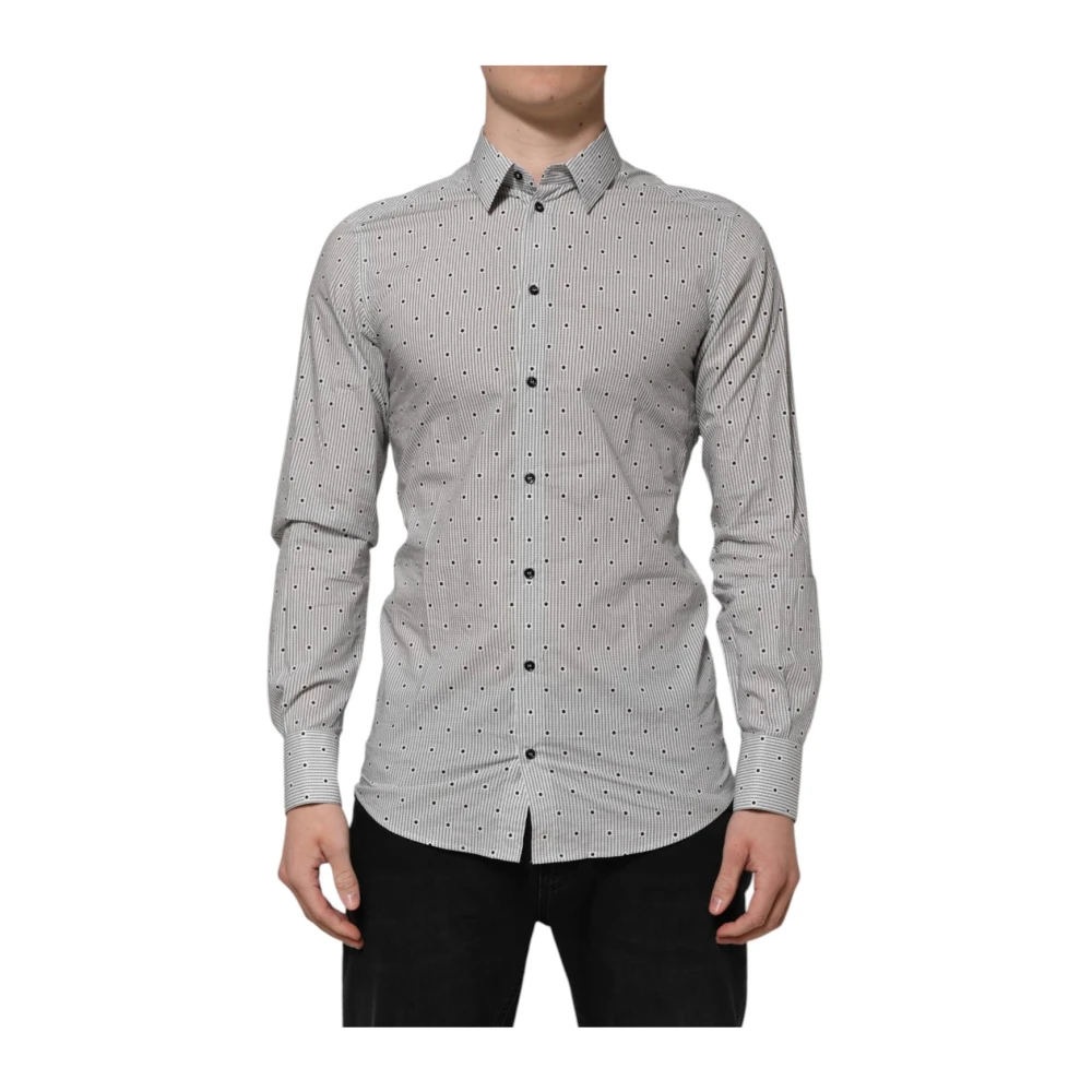 Dolce & Gabbana Men's Gray Dotted Formal Shirt With Logo - Formal Shirts - M - Shirts