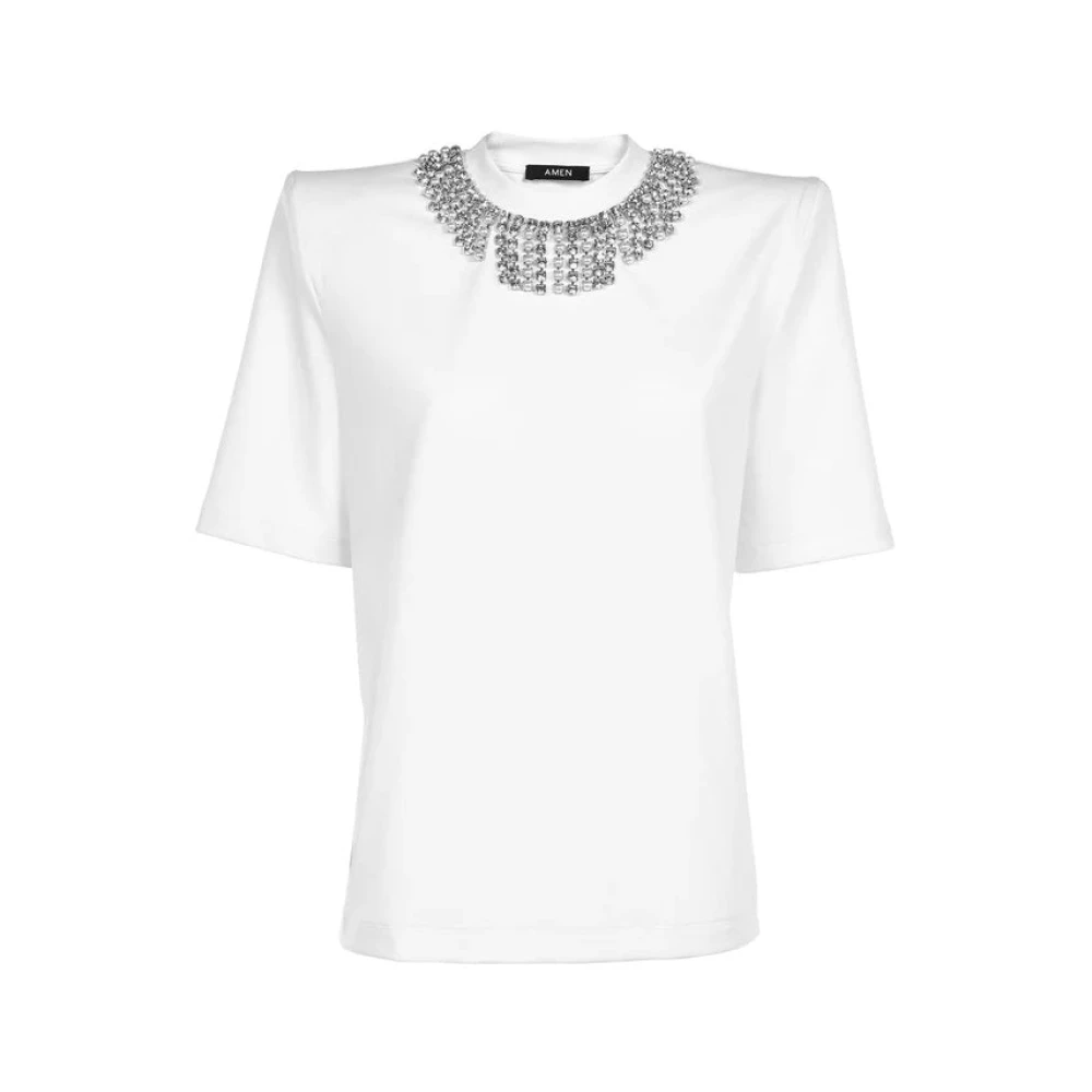 Amen Geribbelde T-shirt met kraag en kettingeffect van kristallen en kralen White Dames
