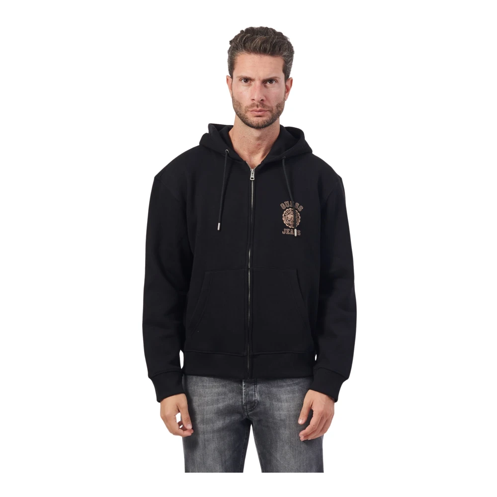 Guess Zwarte hoodie met rits en zakken Black Heren