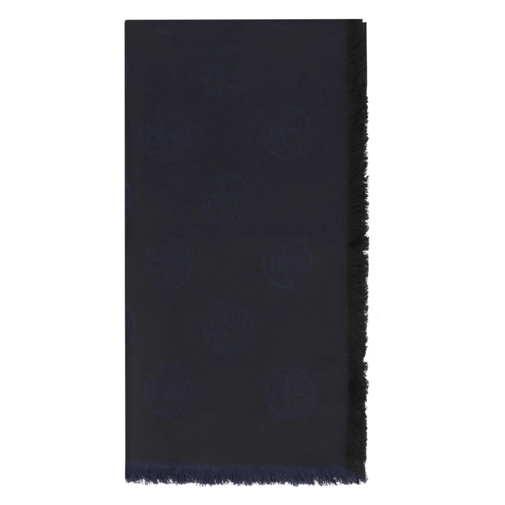 Tory Burch Women's Blue Silk Scarves, One Size, Medallion Logo Oblong Traveler Scarf