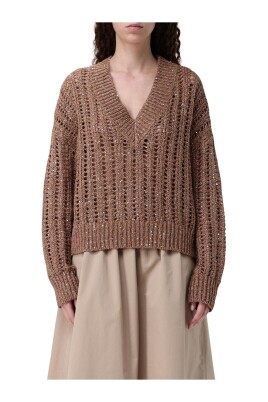 brun-pailletstrik-v-hals-sweater