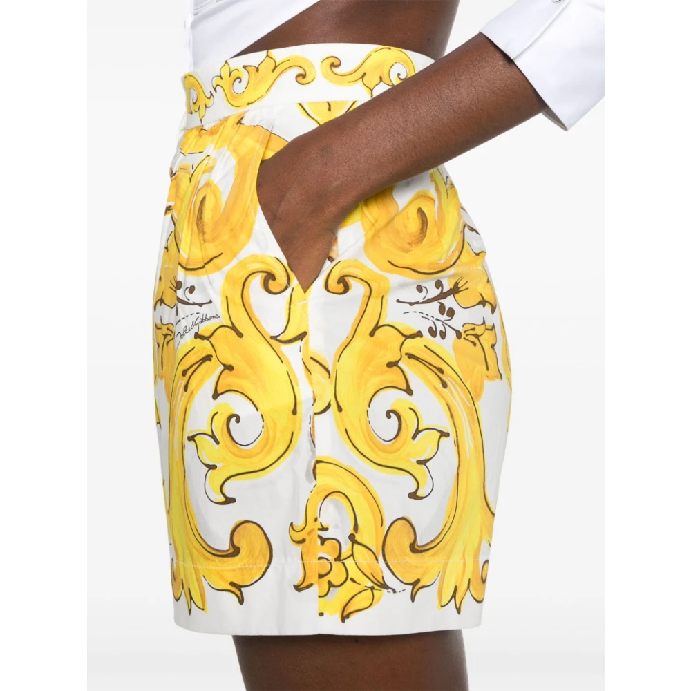 Dolce & Gabbana Gele Maiolica Katoenen Shorts Yellow Dames