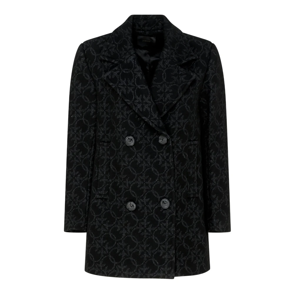Pinko Korte Zwarte Double-Breasted Jas met Logoprint Black Dames