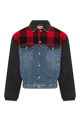 Vadderad jacka med denim och tartanmönster