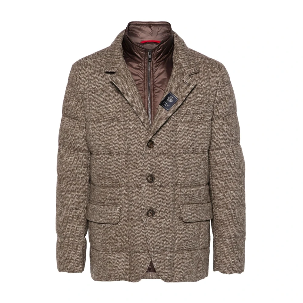 Fay Bruine Wol Gewatteerde Jas Herringbone Ontwerp Brown Heren