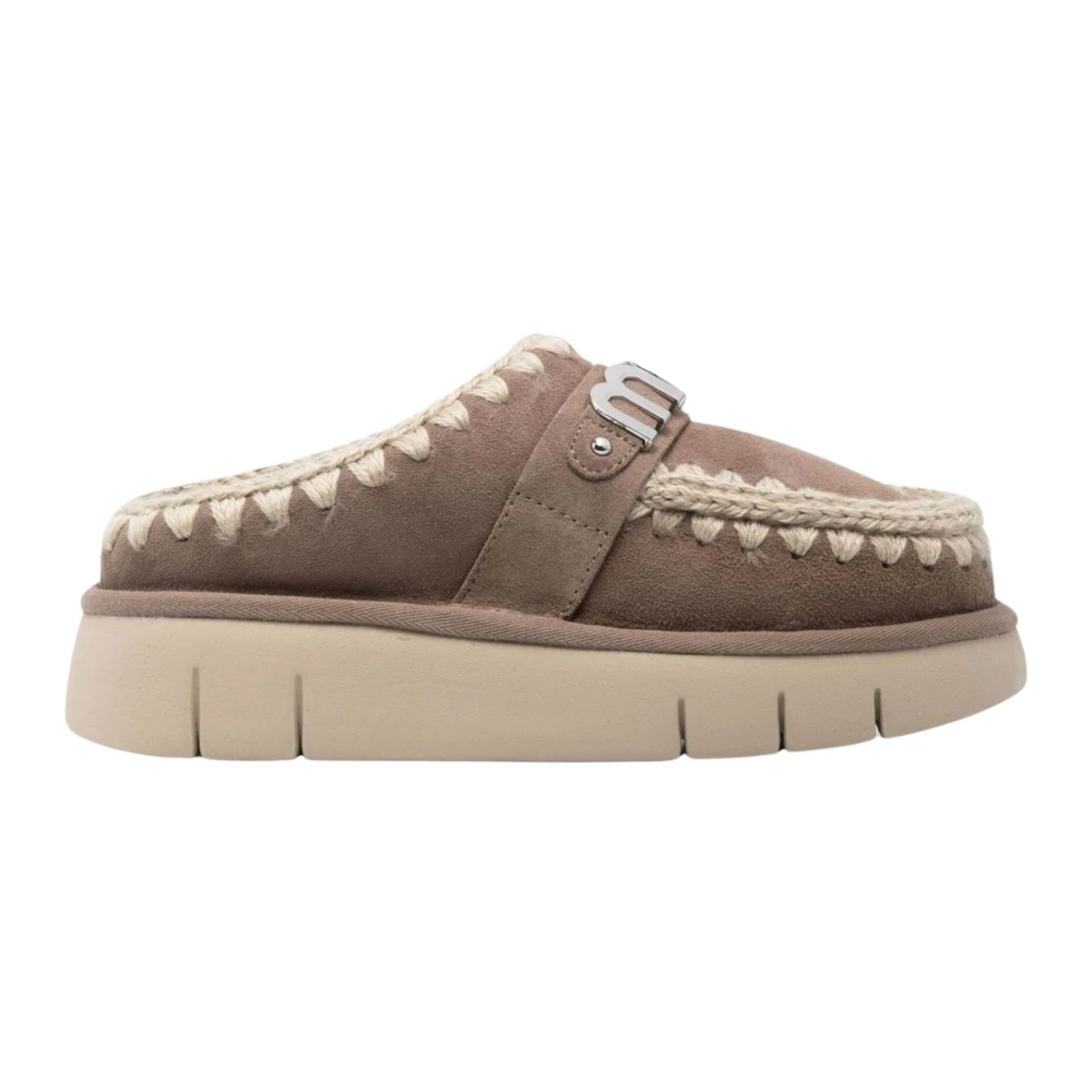 Mou Gray Grey Shearling Slip-On Flat Shoes - Female - Mules - 8 Uk - Shoes