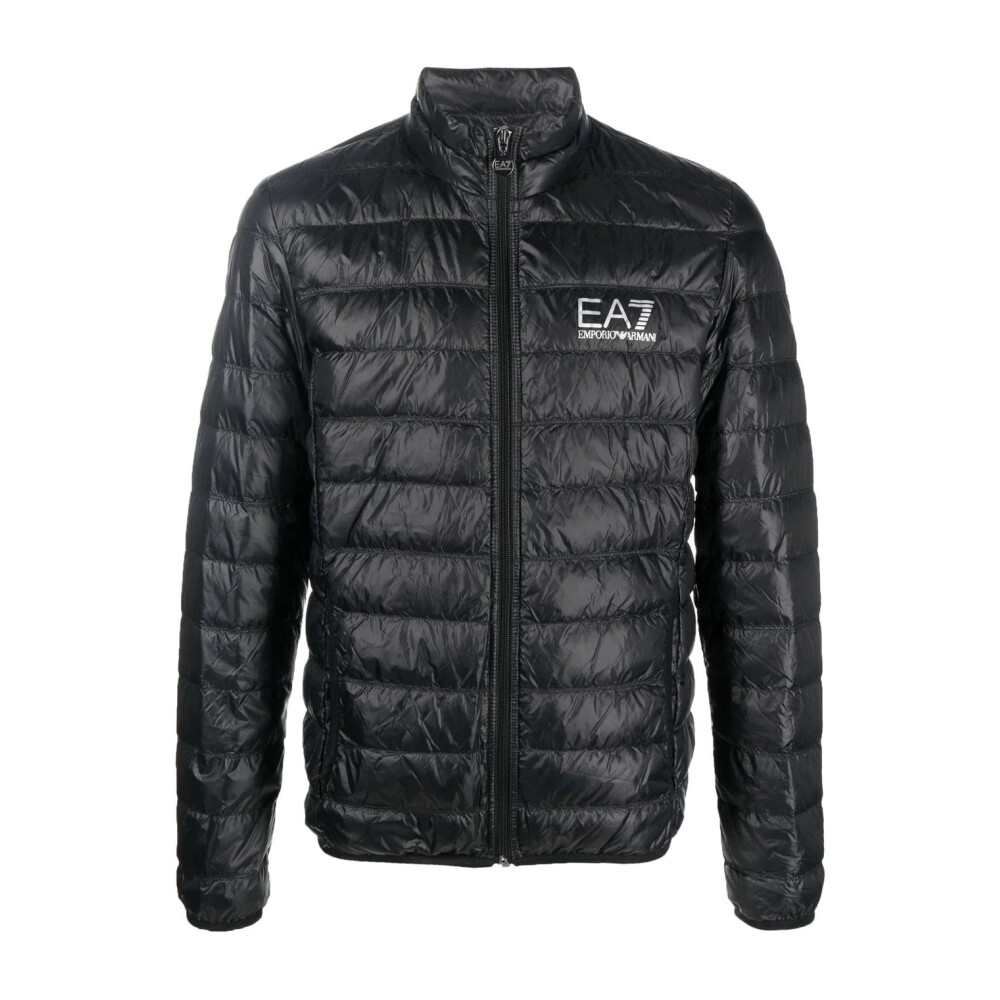 アルマーニ　EMPORIO ARMANI GENUINE DUCK DOWN Zipped, hooded down jacket in jacquard nylon with all-over