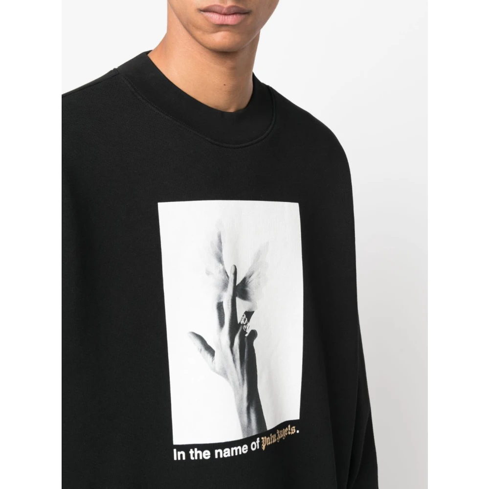 Palm Angels Zwarte Katoenen Jersey Sweater met Wings Logo Print Black Heren