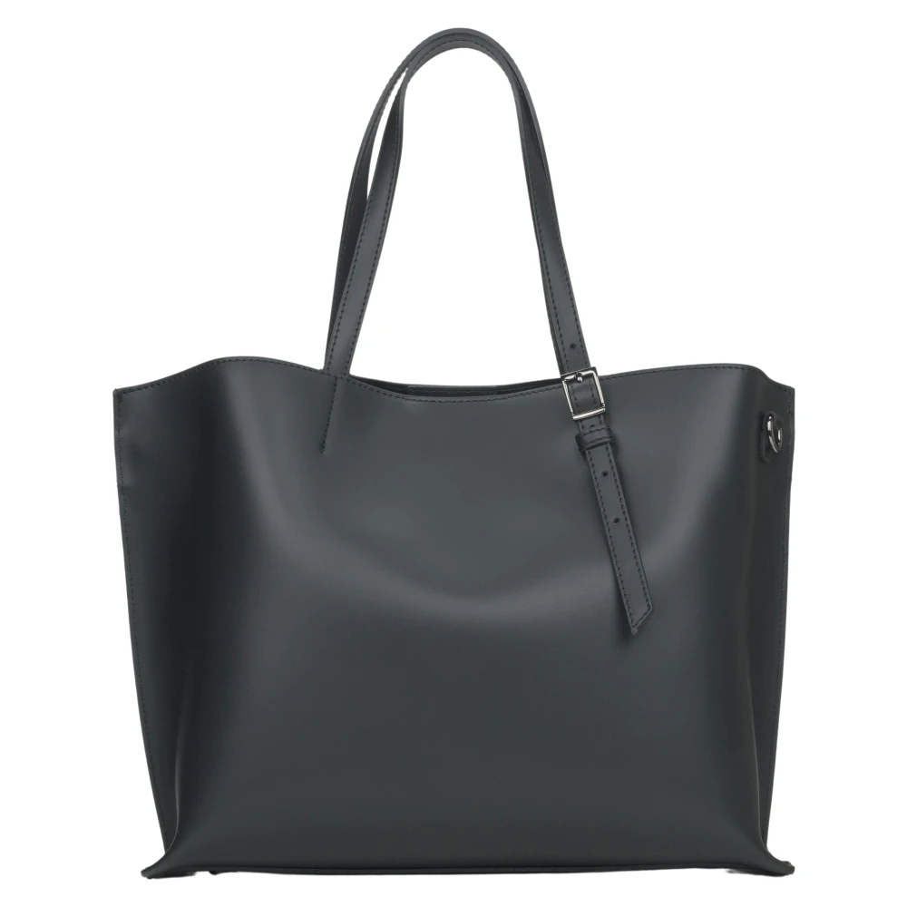 Estro Zwarte Shopper Tas van Italiaans Leer Black Dames