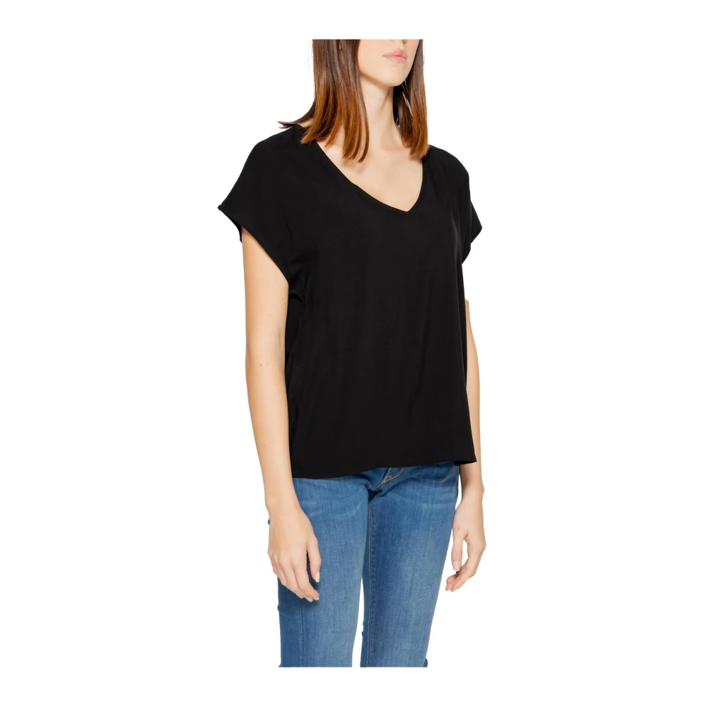 Jacqueline de Yong Zwarte V-hals korte mouw gebreide top Black Dames