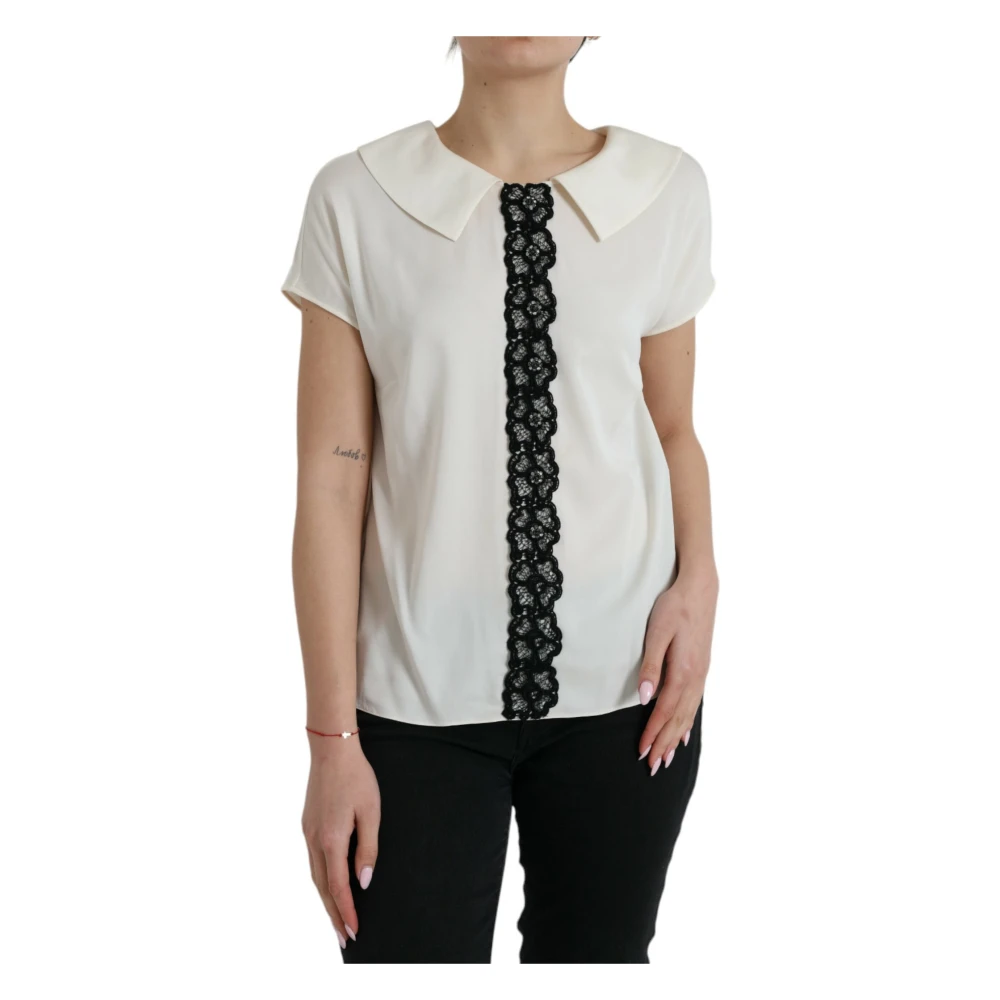 Dolce & Gabbana Women's White Blouses, L, Elegant Off- Silk Lace Blouse