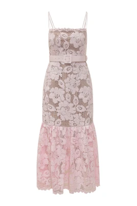 Ruffle-Hem Lace Midi Dress