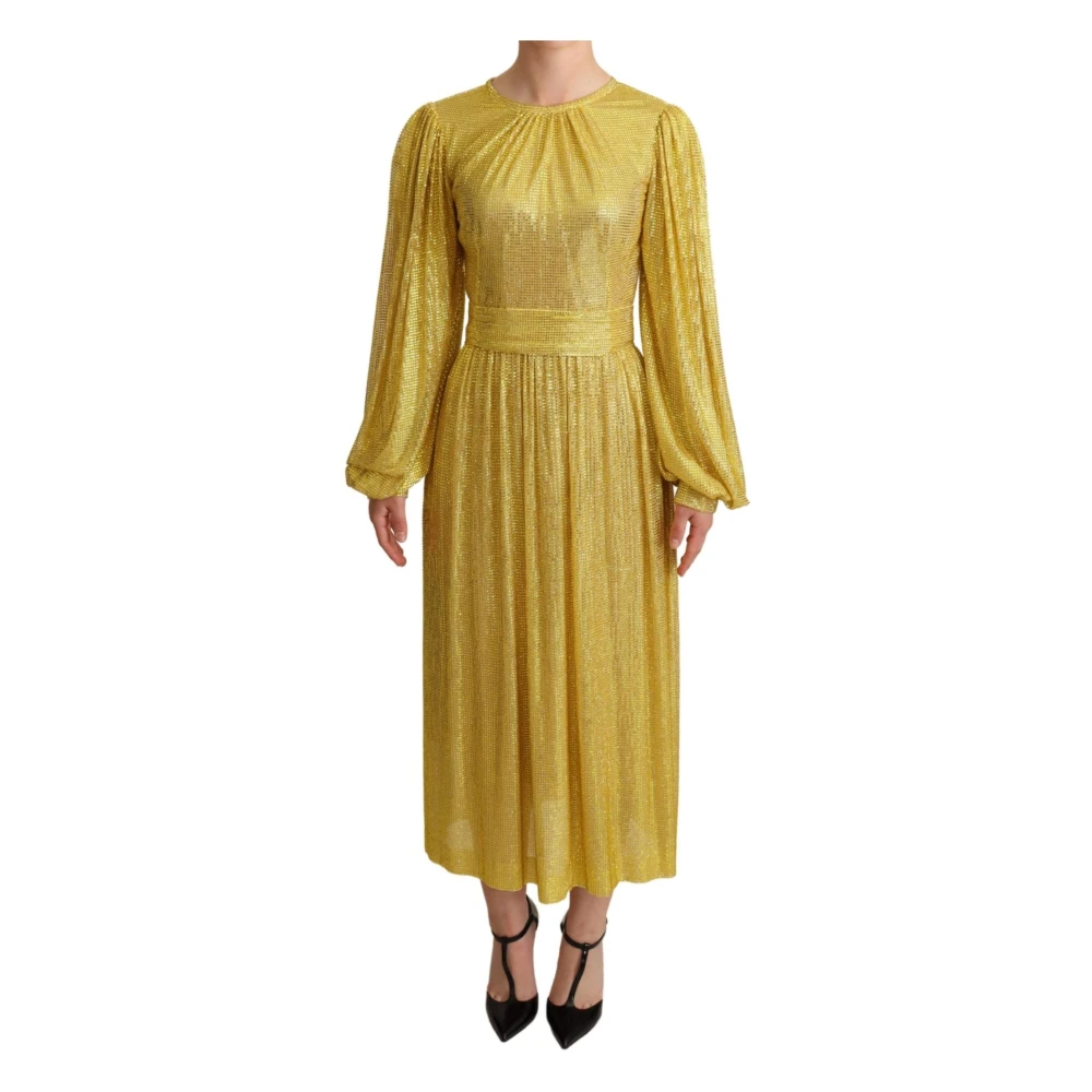 Dolce & Gabbana Women's Yellow Crystal Mesh Pleated Maxi Dress