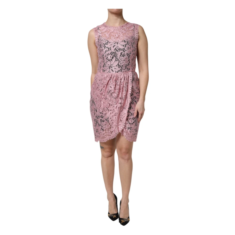 Dolce & Gabbana Women's Pink Short Dresses, L, Floral Lace Sheath Dress