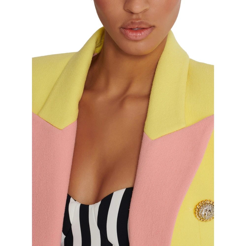 Balmain 6-knoops dubbele crêpe tweekleurige jas Yellow Dames