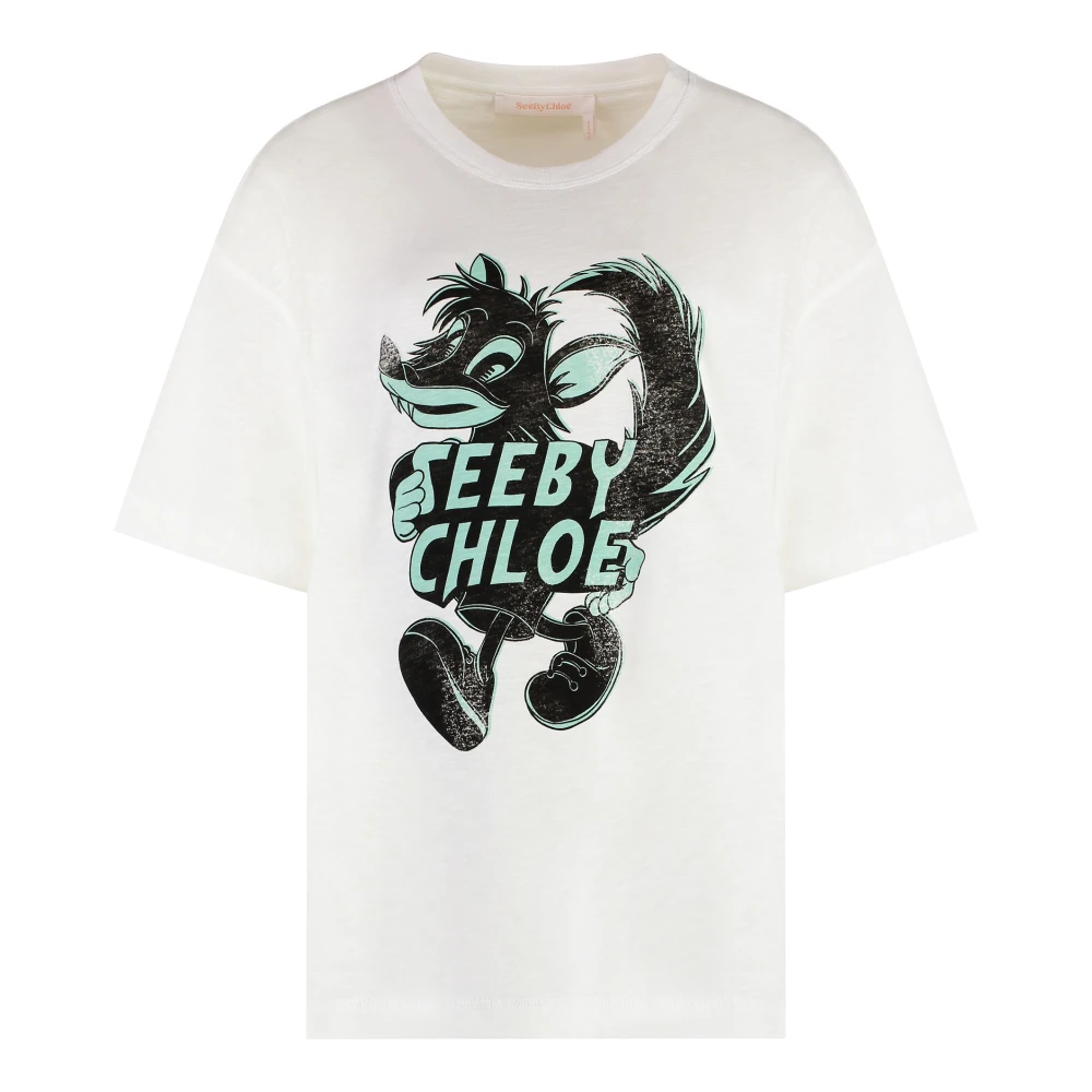 See by Chloé Katoenen T-shirt Geribbelde Kraag Print White Dames