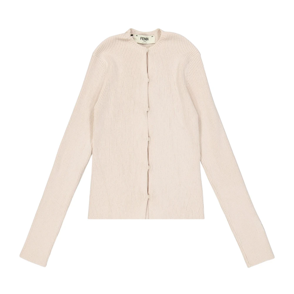 Fendi Women's Beige Ribbed Cardigan With Round Neck - Cardigans - S - Knitwear
