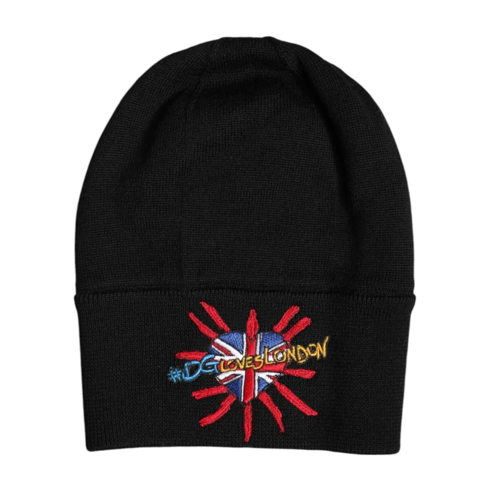 Dolce & Gabbana Men's Black Logo Detail Virgin Wool Beanie Hat