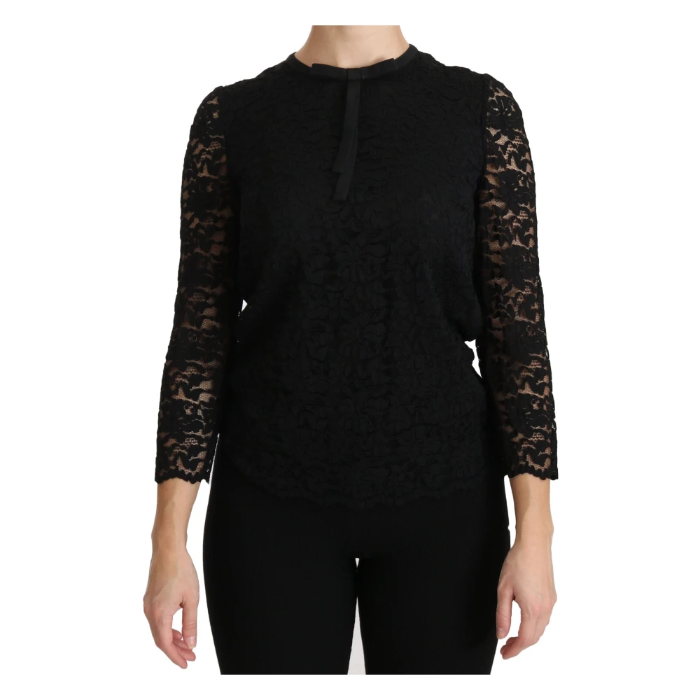 Dolce & Gabbana Women's Black Blouses, L, Elegant Lace Crew Neck Blouse