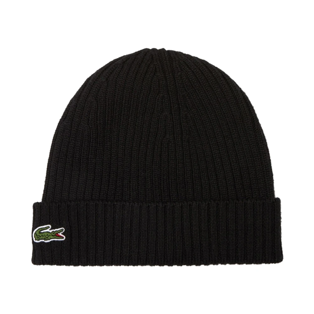 Lacoste Unisex Svart Accessoarer One Size, Ribbstickad Mössa I Ull