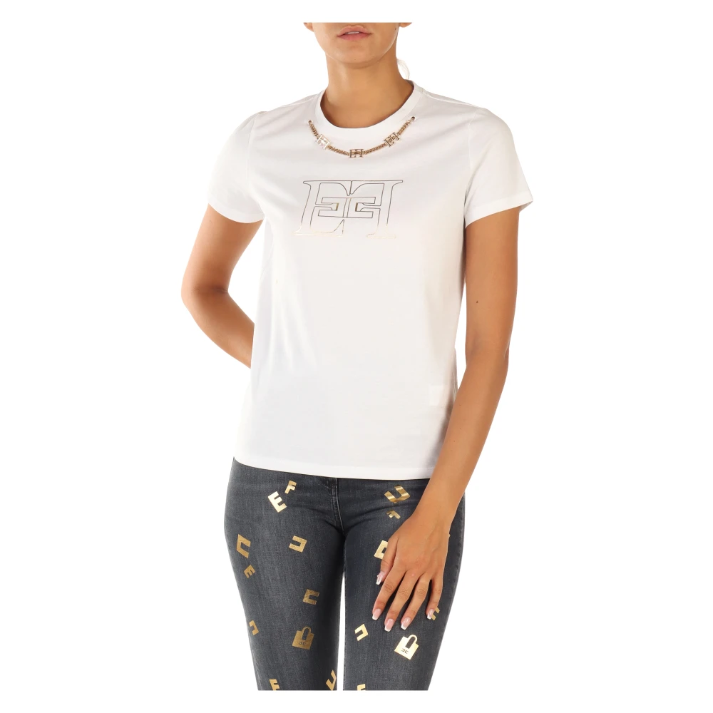 Elisabetta Franchi Katoenen T-shirt met Decoratieve Logo Ketting White Dames