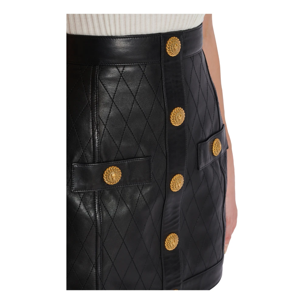 Balmain Leren rok met stiksels en knopen Black Dames