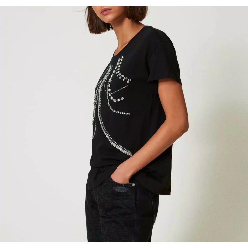 Twinset Geborduurd parel T-shirt Black Dames