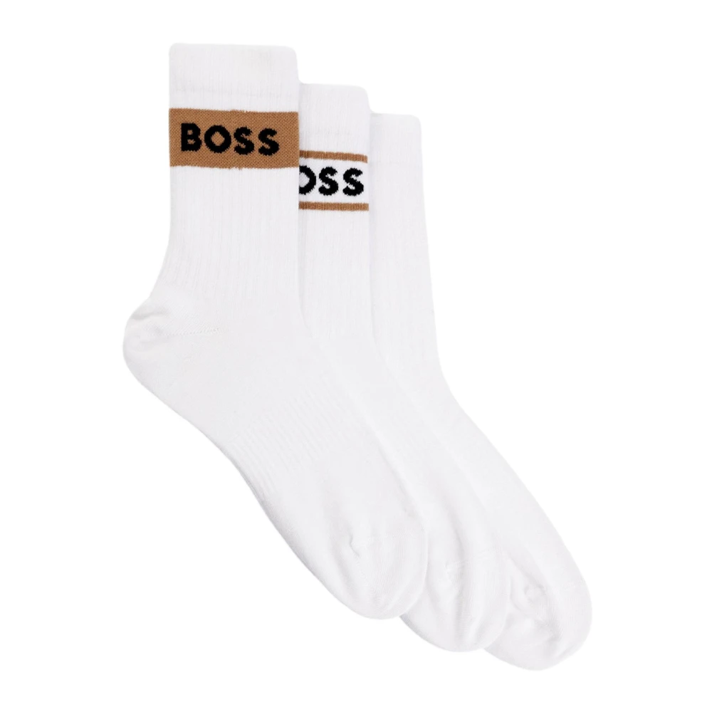 Hugo Boss Korte Geribbelde Enkelsokken 3-Pack White Heren