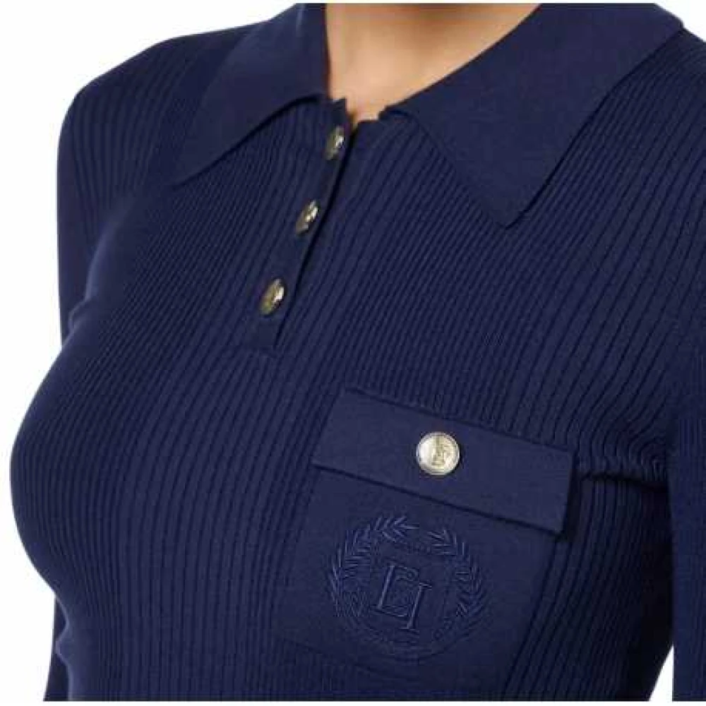 Elisabetta Franchi Navy Polo Shirt 3 4 Mouw Metalen Knopen Blue Dames
