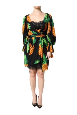 ananas-print-wrap-kjole-med-puff-aermer