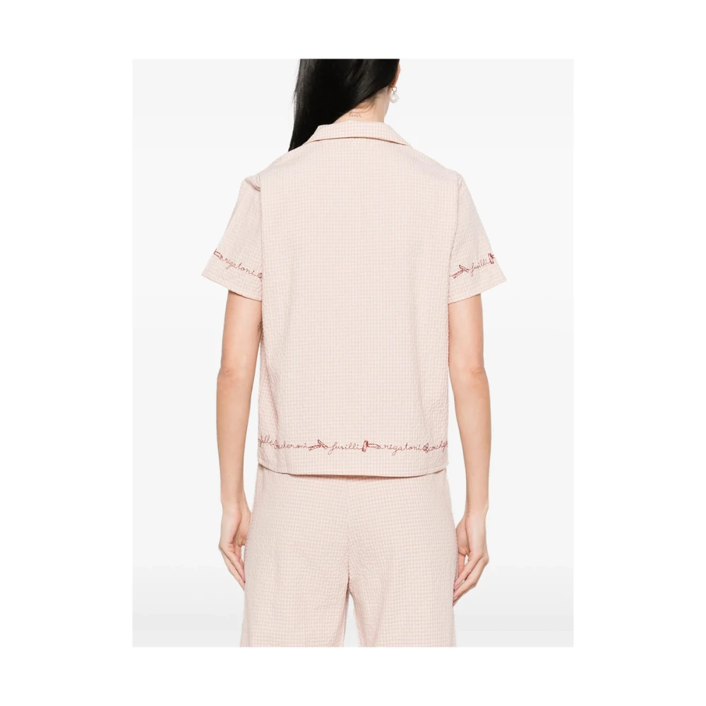 Maison Labiche Gingham Camp Kraag Korte Mouw Shirt Beige Dames