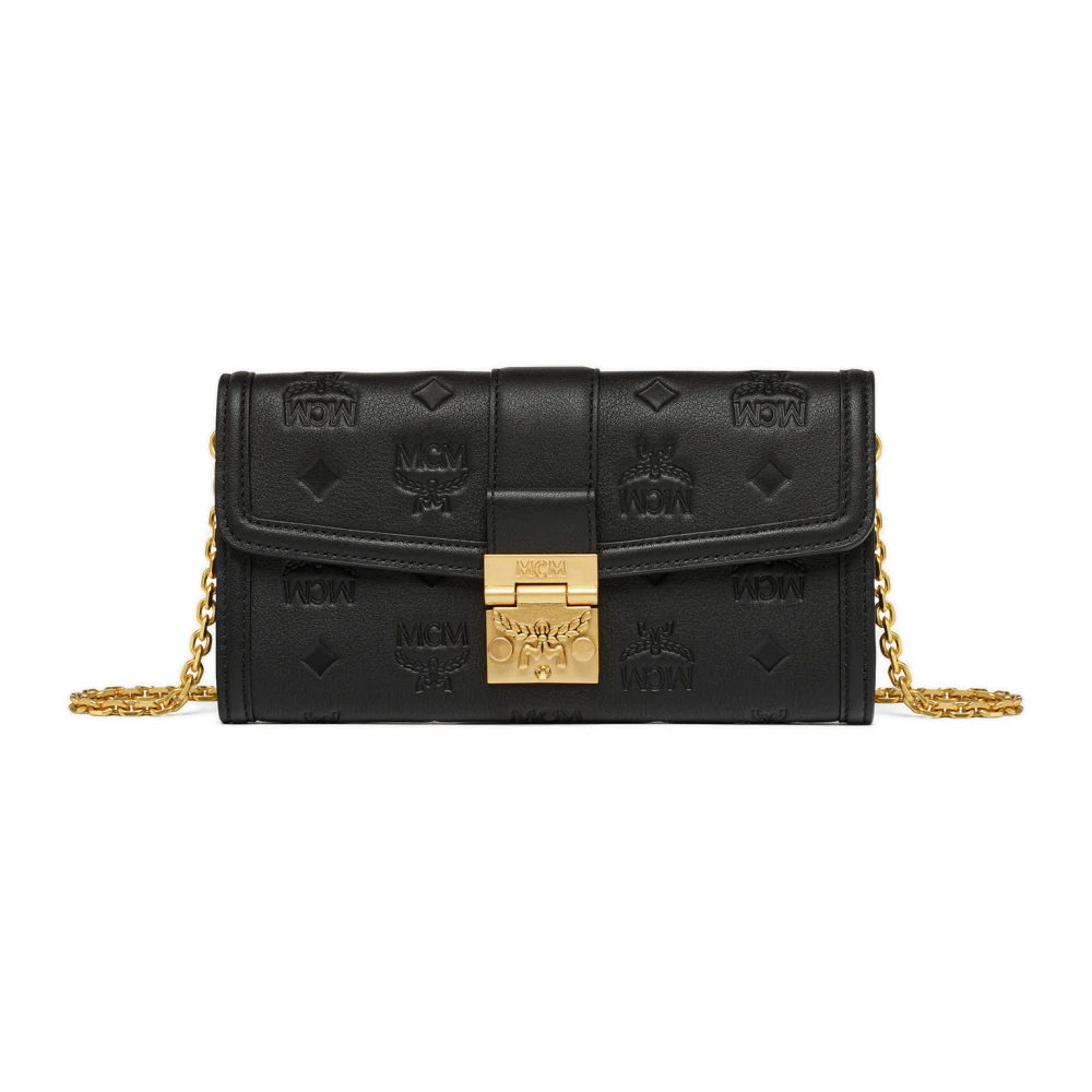 MCM Tracy portemonnee van geperst leer met monogram en kettingriem Black Dames