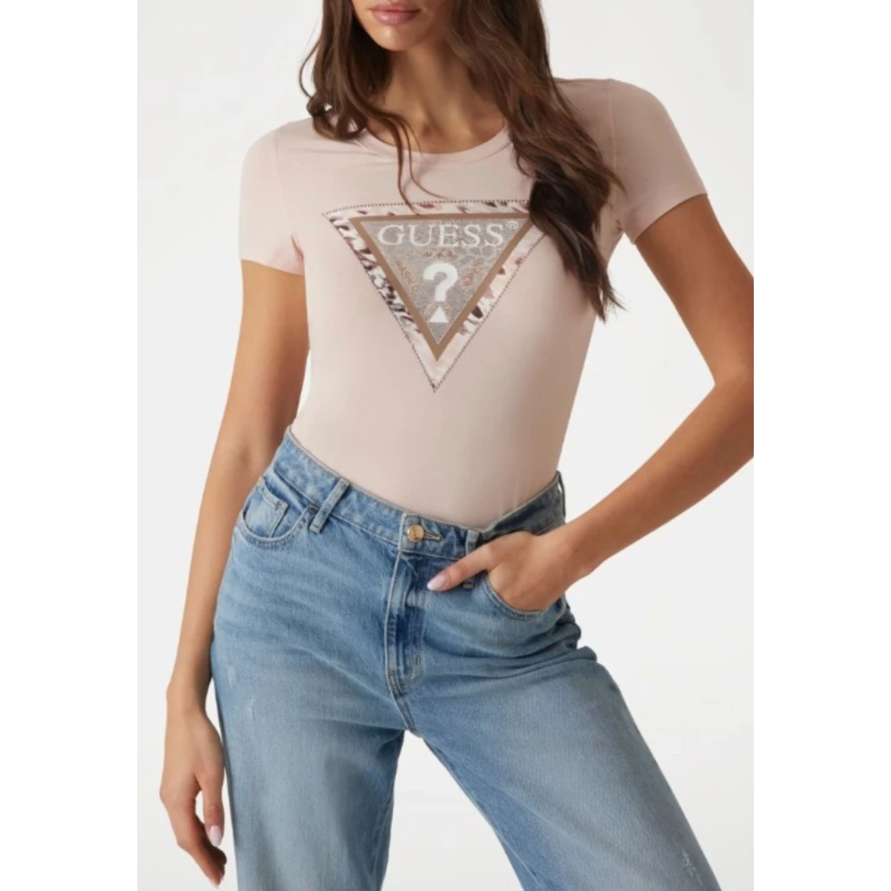 Guess Cheetah Logo Driehoek Tee Pink Dames