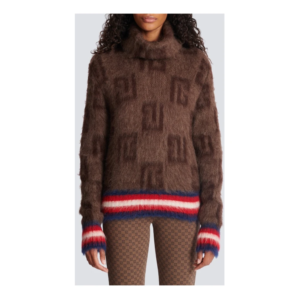 Balmain Geborstelde mohair trui met monogramprint Brown Dames