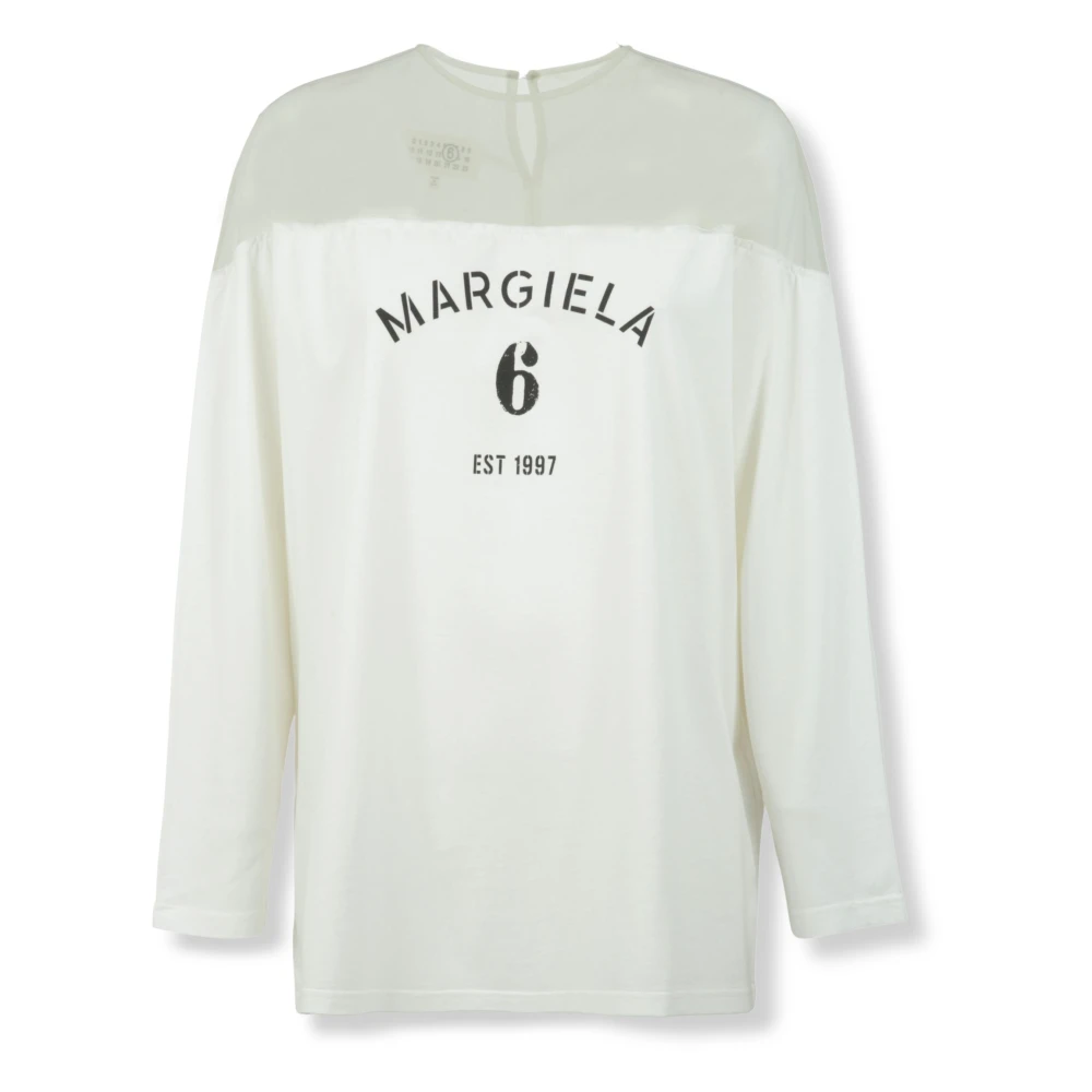 Mm6 Maison Margiela Women's White Round-Neck Knitwear, M, Long-Sleeve Logo T-Shirt