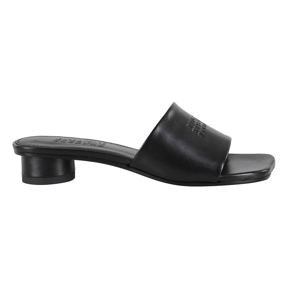 Mm6 Maison Margiela Black Leather Sandal With Logo Strap - Female - Heeled Mules - Black - 5 Uk - Shoes
