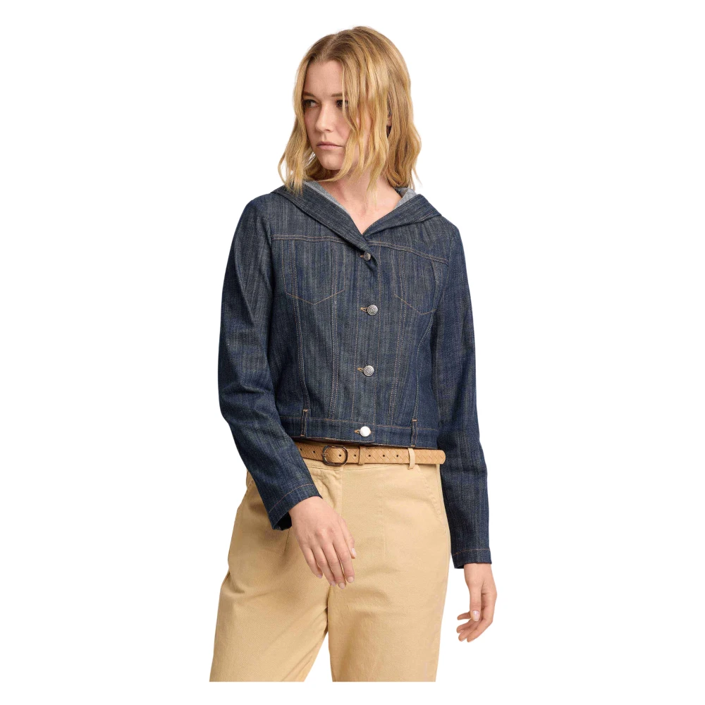 Kocca Blue Denim Jackets, Female, M, Short Denim Look Hooded Jacket