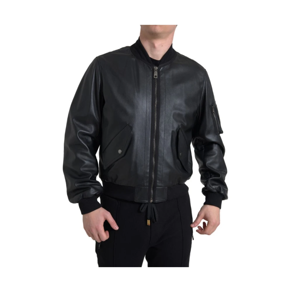 Dolce & Gabbana Elegante zwarte leren bomberjack Black Heren